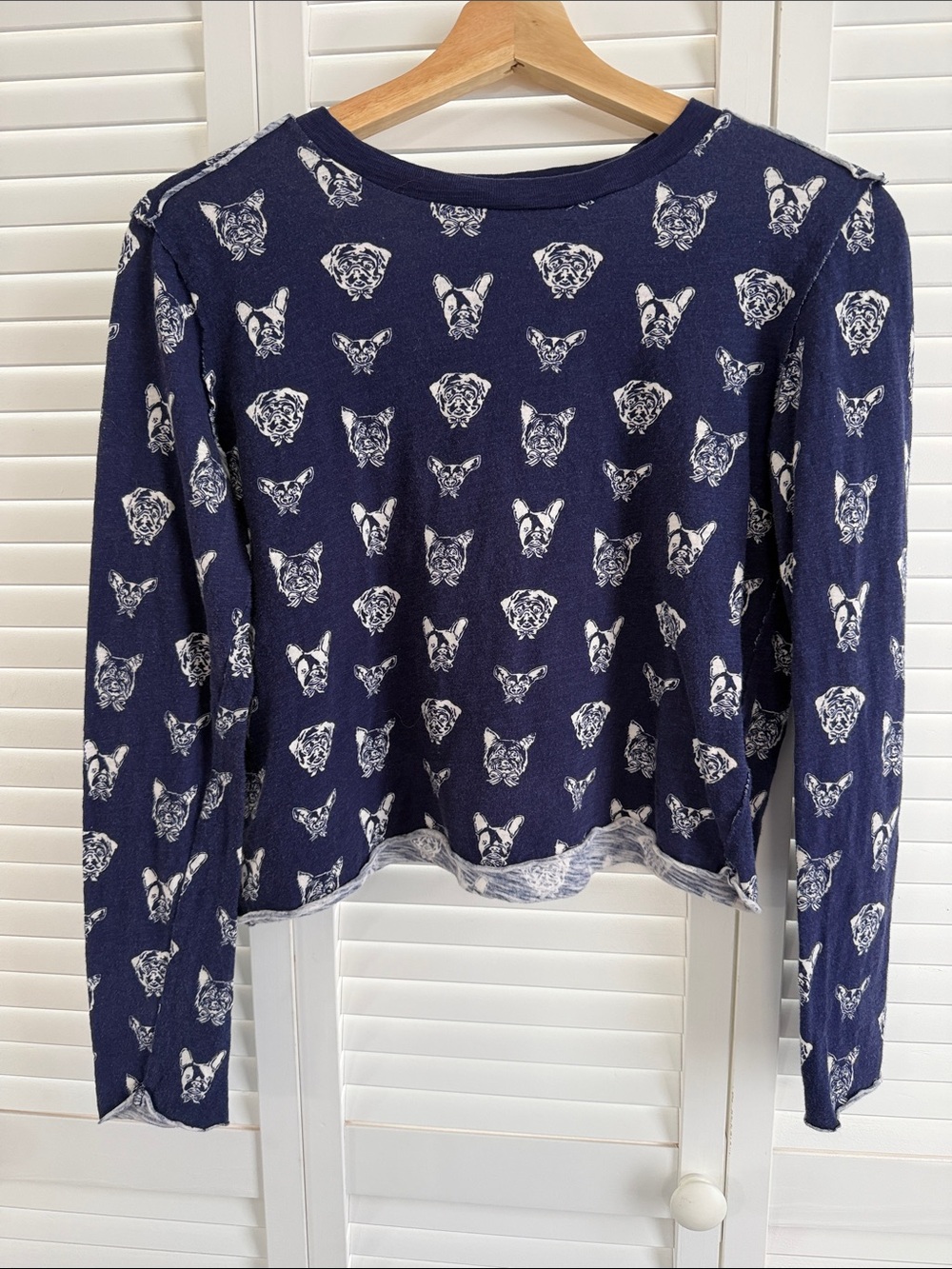 Maeve Navy Cropped Long Sleeve Top with White Dog Head Print